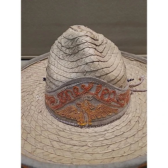 Vintage Straw Hat Woven With Design Embroidered Orange‎ Yellow Small 7" Opening - Picture 2 of 16